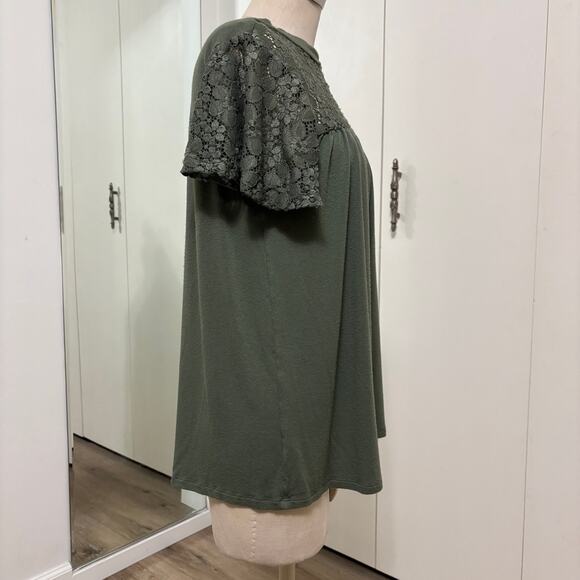 Kim & Cami Woman's Green Cotton & Lace Flowy Loose Fit Short Sleeve Blouse XL - Picture 2 of 6